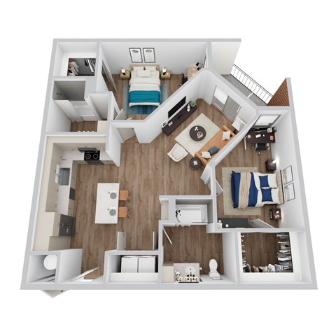A 3D rendering of B4 floor plan at Era apartments in Denton, TX
